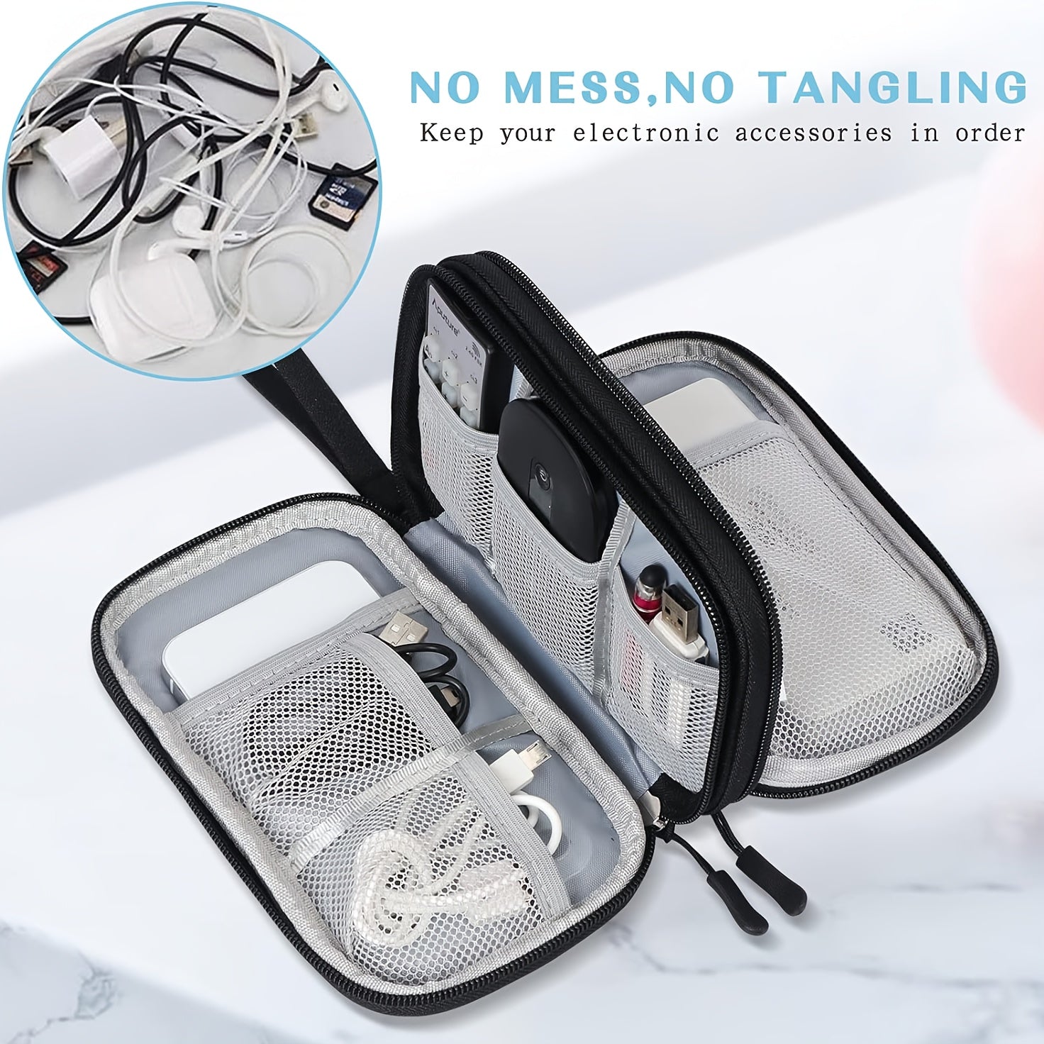 Waterproof Double-Layer Electronics Organizer Bag for Travel, Tech Pouch with Padded Compartments & Elastic Straps - Cable Storage for Chargers, Power Banks, Phones & SD Cards