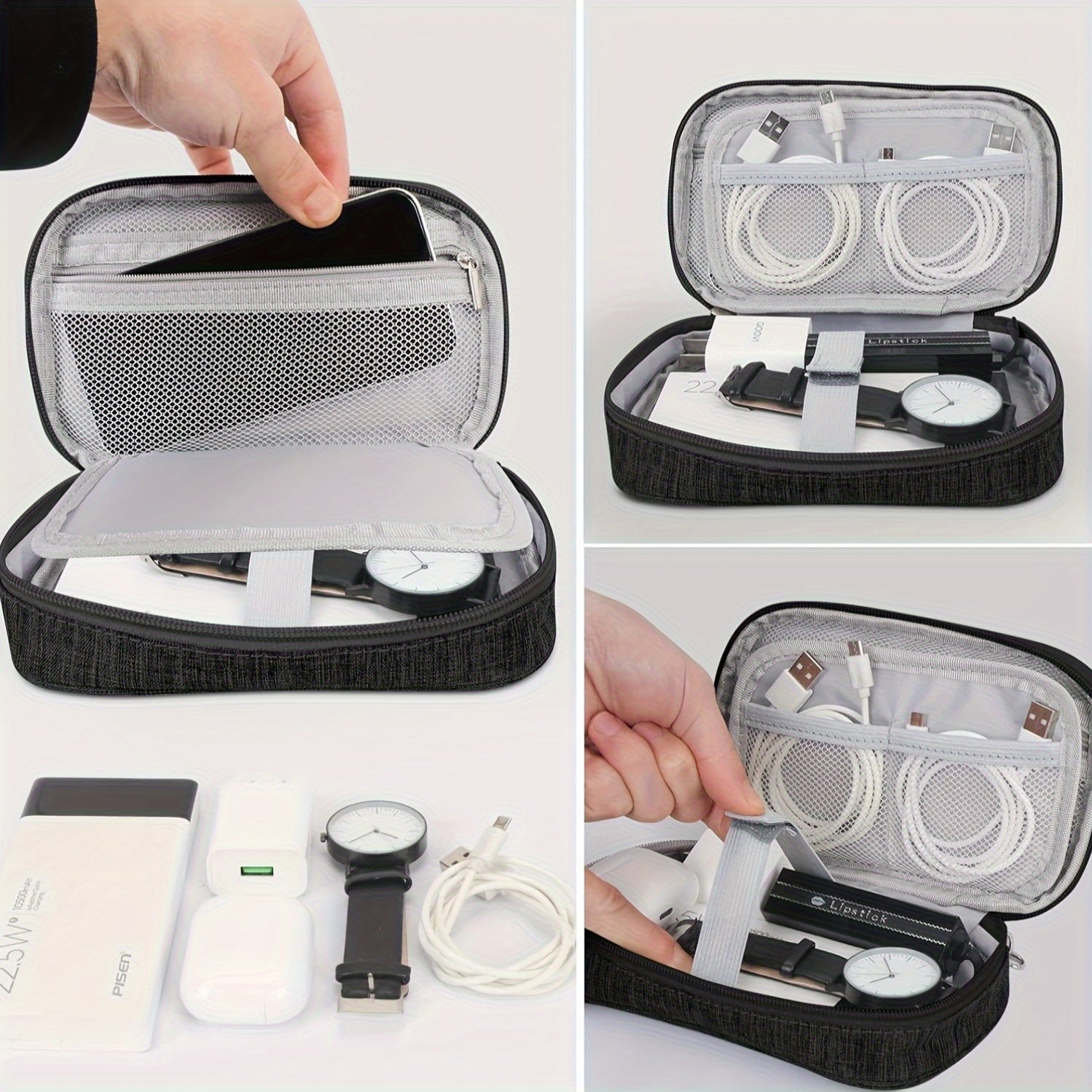 Waterproof Double-Layer Electronics Organizer Bag for Travel, Tech Pouch with Padded Compartments & Elastic Straps - Cable Storage for Chargers, Power Banks, Phones & SD Cards