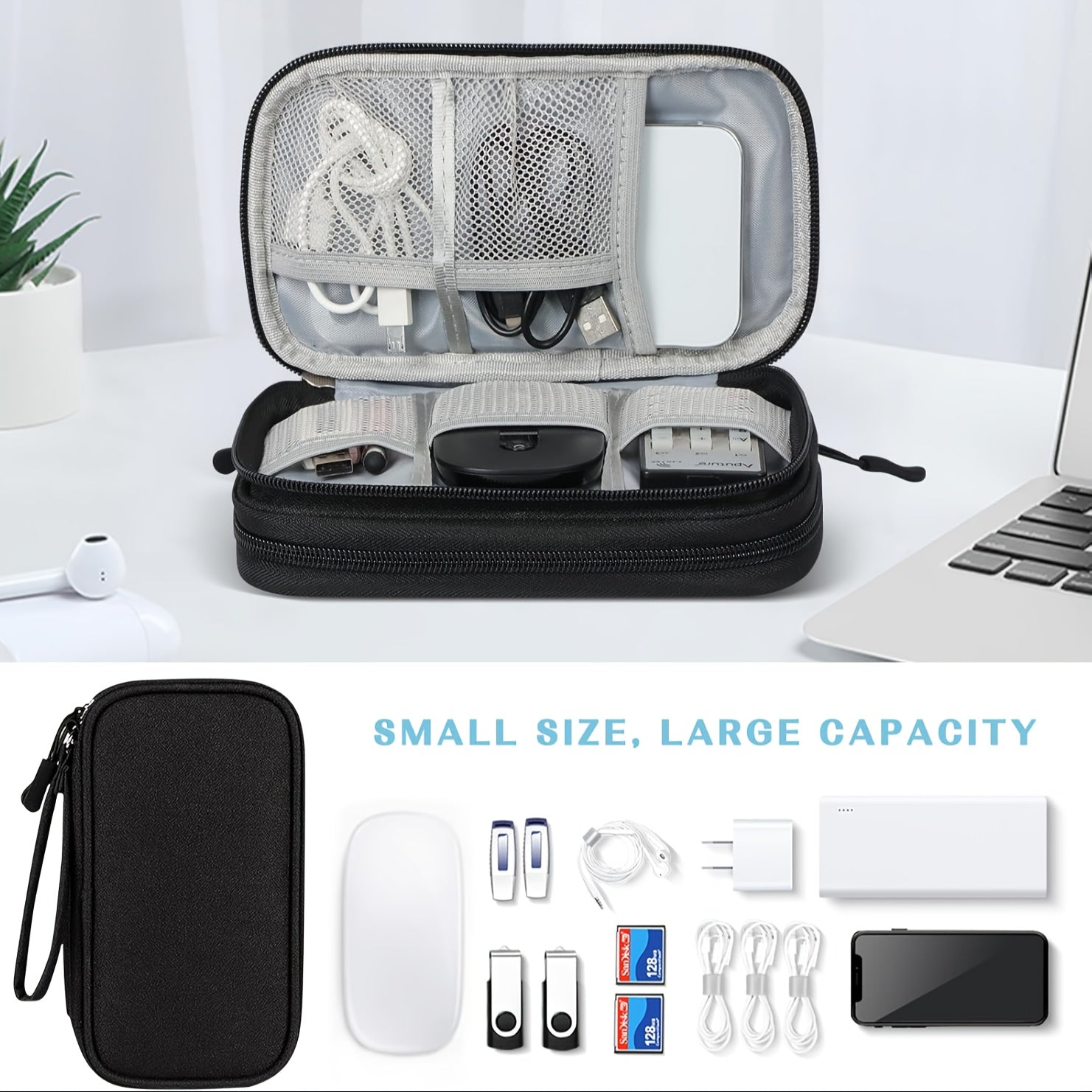 Waterproof Double-Layer Electronics Organizer Bag for Travel, Tech Pouch with Padded Compartments & Elastic Straps - Cable Storage for Chargers, Power Banks, Phones & SD Cards