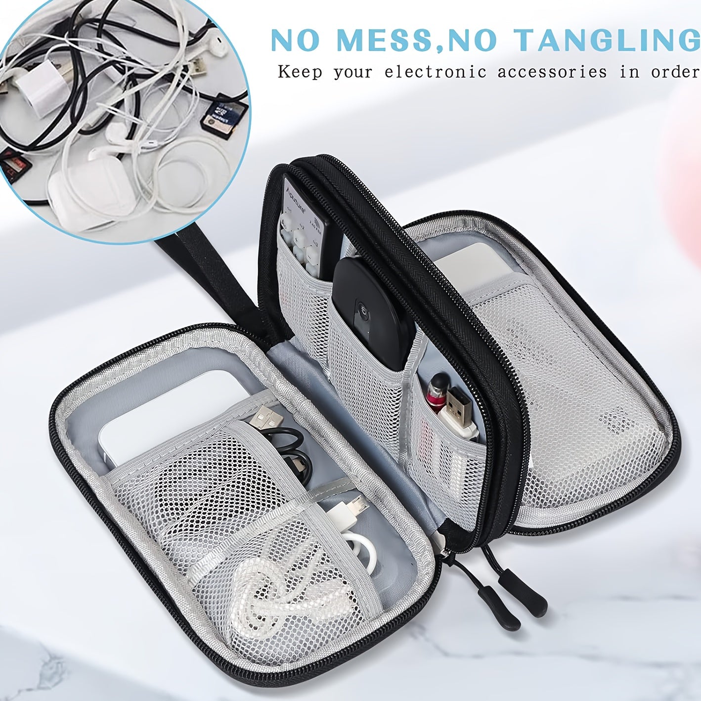 Waterproof Double-Layer Electronics Organizer Bag for Travel, Tech Pouch with Padded Compartments & Elastic Straps - Cable Storage for Chargers, Power Banks, Phones & SD Cards